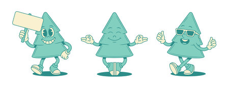 Funny green fir tree cartoon character set contoured vector flat illustration. Smiling comic spruce natural plant mascot with signboard shopping sale yoga meditation cool in sunglasses walkingのイラスト素材
