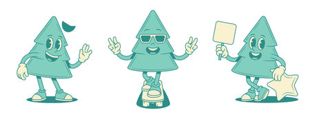 Cheerful comic green fir tree cartoon character set contoured vector flat illustration. Smiling funky spruce natural plant mascot greeting welcome cool skateboard signboard star best saleのイラスト素材