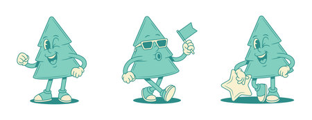 Comic smiling green fir tree cartoon character set contoured vector flat illustration. Happy cheerful spruce natural plant mascot motivation with flag in sunglasses star best award choiceのイラスト素材