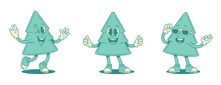Comic happy green fir tree cartoon character set contoured vector flat illustration. Smiling funky cheerful spruce natural plant mascot dancing having fun greeting cool in sunglasses welcomeのイラスト素材