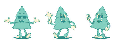 Cute funny green fir tree cartoon character set contoured vector flat illustration. Comic smiling spruce natural plant mascot in sunglasses greeting welcome peace gesture with flagのイラスト素材