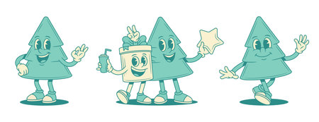 Funny comic green fir tree cartoon character set contoured vector flat illustration. Smiling cheerful funny spruce natural plant mascot greeting welcome friendship present gift box holidayのイラスト素材