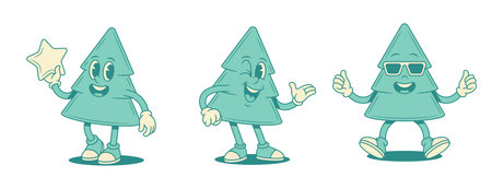 Funky cool green fir tree cartoon character set contoured vector flat illustration. Smiling cute spruce natural plant mascot presenting greeting welcome with star positive emotion in sunglassesのイラスト素材