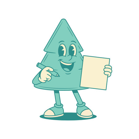Comic green fir tree cartoon character writing letter contoured vector flat illustration. Funny smiling spruce natural plant mascot with paper blank wish to do list advertising announcementのイラスト素材