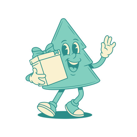 Cute happy Christmas green tree cartoon character with gift box contoured vector flat illustration. Smiling adorable festive spruce mascot with present New Year Noel greeting celebrateのイラスト素材