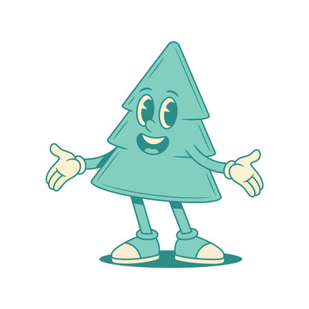 Funny green fir tree Christmas cartoon character welcome contoured vector flat illustration. Cheerful smiling spruce natural plant mascot greeting hospitality positive gestureのイラスト素材