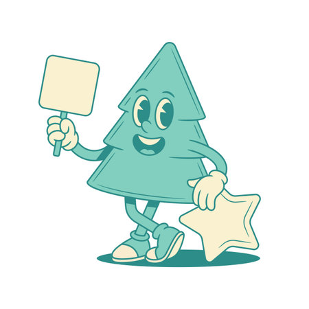 Smiling green fir tree Christmas cartoon character with signboard contoured vector flat illustration. Happy cheerful spruce natural plant mascot with advertising sale shopping board star best rateのイラスト素材