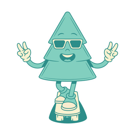 Cool green fir tree Christmas cartoon character on skateboard contoured vector flat illustration. Funky comic spruce natural plant mascot in sunglasses summer board riding peace gestureのイラスト素材