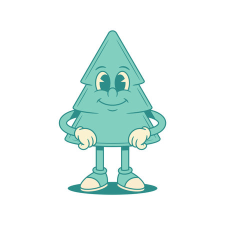 Smiling green fir tree Christmas cartoon character standing contoured vector flat illustration. Happy cheerful funky spruce natural plant mascot adorable personage positive emotionのイラスト素材