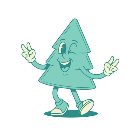Funky cheerful green fir tree Christmas cartoon character contoured vector flat illustration. Smiling happy spruce natural plant mascot having fun peace greeting gesture positive emotionのイラスト素材