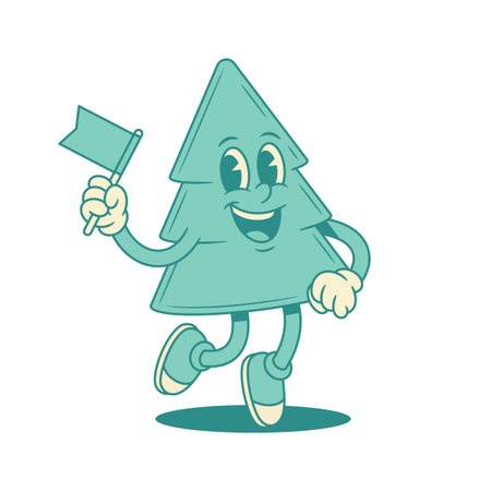 Comic green fir tree Christmas cartoon character with flag contoured vector flat illustration. Funky cute dancing spruce natural plant mascot attention warning sign positive emotionのイラスト素材