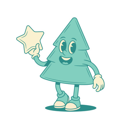 Smiling green fir tree Christmas cartoon character with star contoured vector flat illustration. Happy cheerful comic holiday spruce natural plant mascot best award rate evaluationのイラスト素材