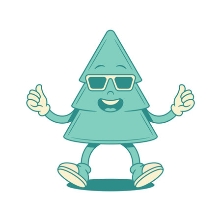 Cool green fir tree Christmas cartoon character in sunglasses contoured vector flat illustration. Funky comic festive spruce natural plant mascot in summer eyeglasses thumb up positive emotionのイラスト素材