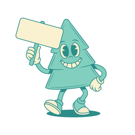 Smiling green fir tree Christmas cartoon character with signboard contoured vector flat illustration. Happy comic spruce natural plant mascot with advertising shopping sale boardのイラスト素材