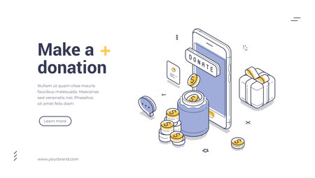 Donation and charity web banner. Isometric template with smartphone, money coins for fundraising campaign. Vector illustration for landing page or mobile app promotionのイラスト素材