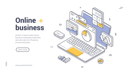 Online business web banner template. Isometric vector illustration for data analysis and financial management. Modern design with laptop, charts, graphs for landing page or appのイラスト素材
