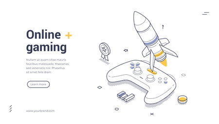 Online gaming web banner. Isometric template with gamepad and rocket. Vector illustration for cybersport competition or game streaming. Modern design for landing page or mobile appのイラスト素材