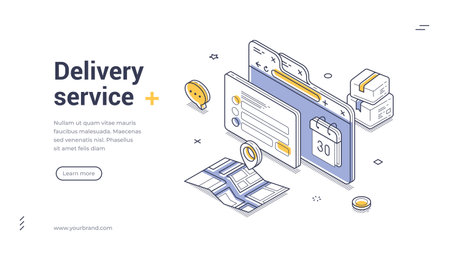 Web banner template for delivery service. Isometric vector illustration with online order form, map navigation, and parcel boxes. Modern design for logistics and e-commerce landing pageのイラスト素材