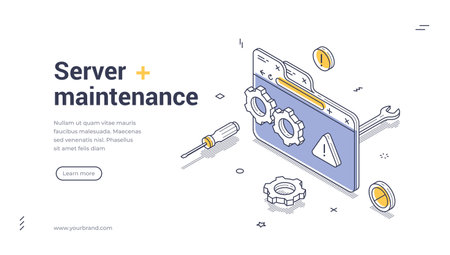 Server maintenance web banner. Isometric template with browser window, gears, and tools. Vector illustration for technical support or system administration landing pageのイラスト素材
