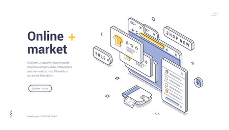 Online market web banner for e-commerce. Isometric template with browser, mobile app, and wallet. Vector illustration for a modern digital store landing page or internet shopping conceptのイラスト素材