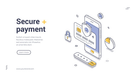Secure payment web banner. Isometric template for mobile banking. Vector illustration with smartphone, credit card, and shield for financial data protection and securityのイラスト素材