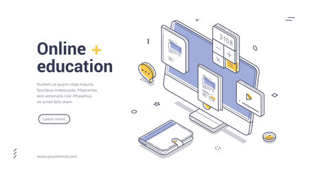 Isometric web banner template for online education. Vector illustration of a computer with educational icons. Modern concept for e-learning, distance courses, and knowledge acquisition onlineのイラスト素材