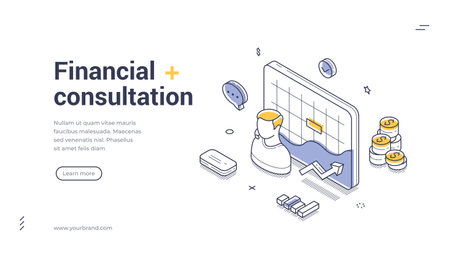 Web banner for financial consultation service in isometric style. Vector illustration with advisor and data screen. Modern template for business strategy, finance expert, and investment analysisのイラスト素材