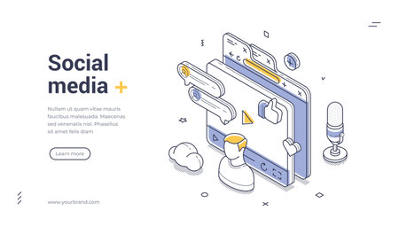 Isometric web banner for social media marketing and communication. Vector illustration with user interface, likes, and microphone. Modern landing page for digital content creation and bloggingのイラスト素材