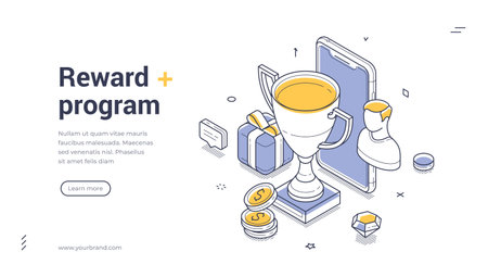 Isometric web banner for reward program and loyalty system. Vector illustration template with trophy cup and gift. Modern landing page for customer bonuses and online prizesのイラスト素材