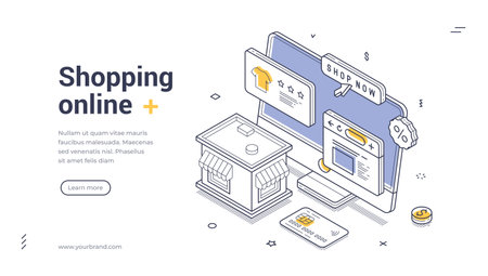 Isometric web banner for online shopping. Vector illustration template with computer, store and credit card. Modern landing page for e-commerce, retail business and internet marketingのイラスト素材