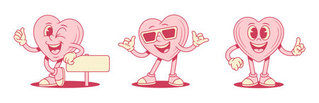 Smiling pink heart cartoon character set comic contoured vector flat illustration. Happy cheerful like love valentines minimalist mascot advertising signboard cool in sunglasses idea gestureのイラスト素材