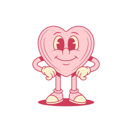 Cute pink heart cartoon character standing smiling contoured vector flat illustration. Happy cheerful like love Saint Valentine's Day minimalist mascot adorable funky positive personageのイラスト素材