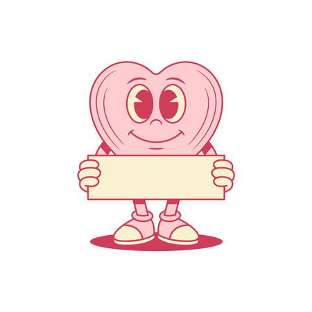 Smiling pink heart cartoon character with placard contoured vector flat illustration. Happy cheerful like love Saint Valentine's Day minimalist mascot advertising promo signboard attention posterのイラスト素材
