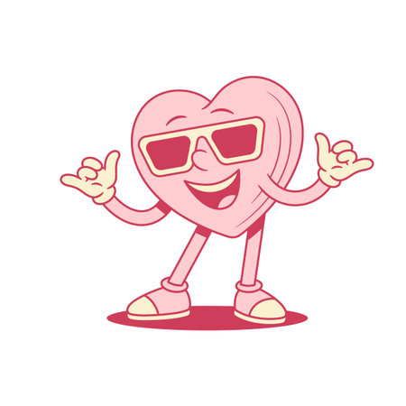 Funky cool pink heart cartoon character in sunglasses contoured vector flat illustration. Comic smiling like love Saint Valentine's Day minimalist mascot in summer eyeglasses surf relaxing gestureのイラスト素材