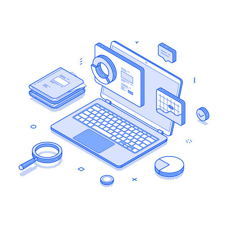 Isometric design featuring a laptop surrounded by charts, reports, and analytical tools. It represents the audit process and modern assessment techniques.のイラスト素材