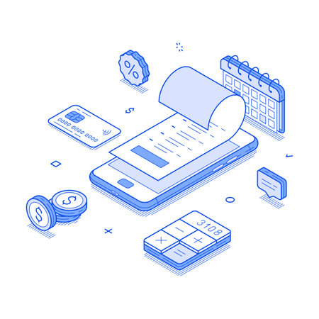 A detailed isometric illustration showing the process of digital bill payment, including a smartphone, calculator, coins, and financial documents. Perfect for financial apps, infographics, and marketing materialsのイラスト素材