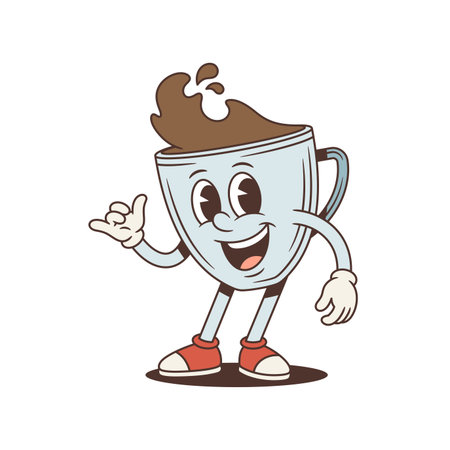 Friendly coffee cup mascot shows call me hand gesture. Groovy retro comic personage. Isolated cartoon character vector illustration for a sticker or a communication concept. A friendly invitationのイラスト素材