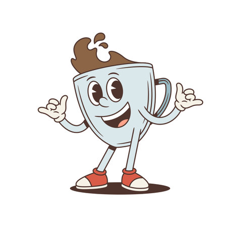Happy coffee cup mascot shows shaka sign. Groovy retro comic personage. Isolated cartoon character vector illustration for a sticker or a surfing-themed design. Chill and relax conceptのイラスト素材