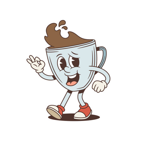 Coffee cup mascot shows an OK sign. Groovy retro comic personage. Isolated cartoon character vector illustration for an approval concept. A cheerful mood for a perfect choiceのイラスト素材