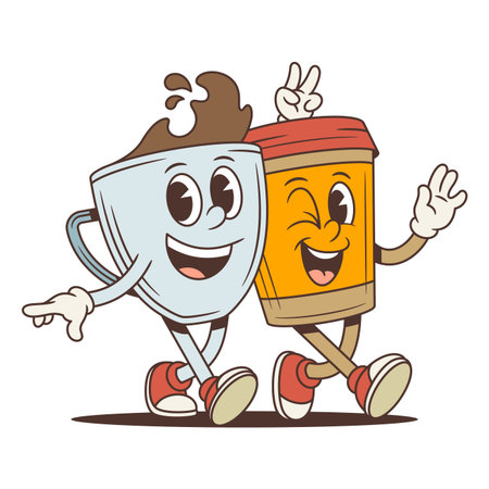 Two coffee cup mascots walking together. Groovy retro comic personages. Isolated cartoon character vector illustration for a friendship concept. A friendly walk and a good moodのイラスト素材