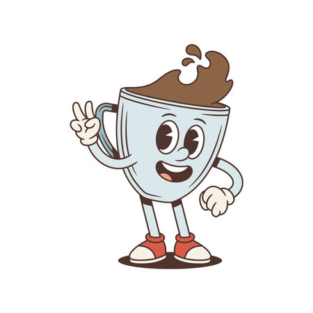 Happy coffee cup mascot shows a victory sign. Groovy retro comic personage. Isolated cartoon character vector illustration for a positive concept. Friendly and cheerful emotion for a great dayのイラスト素材
