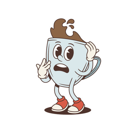 Scared coffee cup mascot makes a finger gun gesture. Groovy retro comic personage. Isolated cartoon character vector illustration for a sticker or a meme about stress and burnoutのイラスト素材