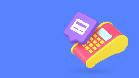 Minimalist 3d banner with cartoon POS terminal and credit card icon. Vector illustration for...
