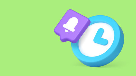 Minimalist 3d banner template with a cartoon clock and notification bell. Vector illustration for...
