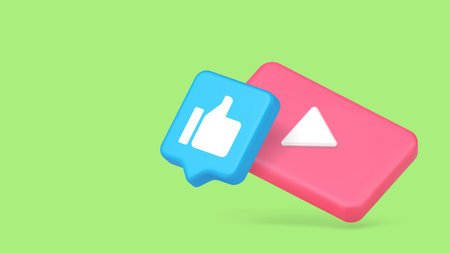 Minimalist 3d banner with cartoon like and play icons. Vector illustration for social media, video...