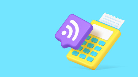 Minimalist 3d banner with cartoon POS terminal, receipt, and wifi icon. Vector illustration for...