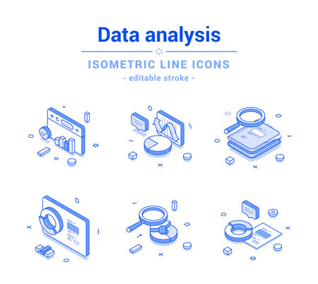 Data analysis statistic business monitoring chart graph outline line isometric icon set vector illustration. Database infographic information dynamic diagram research productivity efficiency reportのイラスト素材
