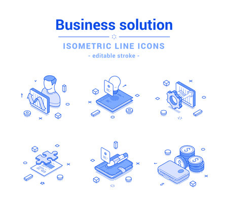 Business solution planning brainstorming analyzing outline line isometric icon set vector illustration. Productivity efficiency management success decision financial analysis marketing innovation ideaのイラスト素材