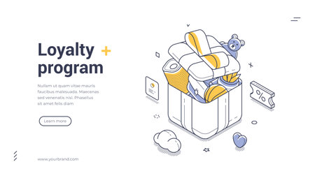 Isometric loyalty program banner template. Vector illustration of a gift box with rewards and...