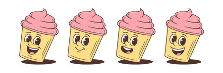 Set of happy cartoon cupcake character emotions mascot vector illustration. Retro comic food personages for branding. Joyful faces collection. Isolated sticker design elementsのイラスト素材